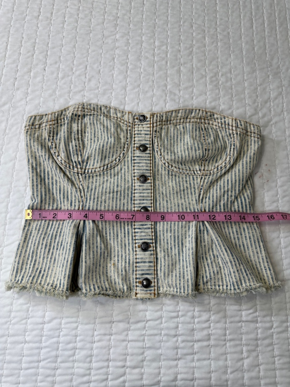 Pilcro By Anthropologie Cream And Faded Blue Striped Strapless Peplum Corset Top - Picture 5 of 16